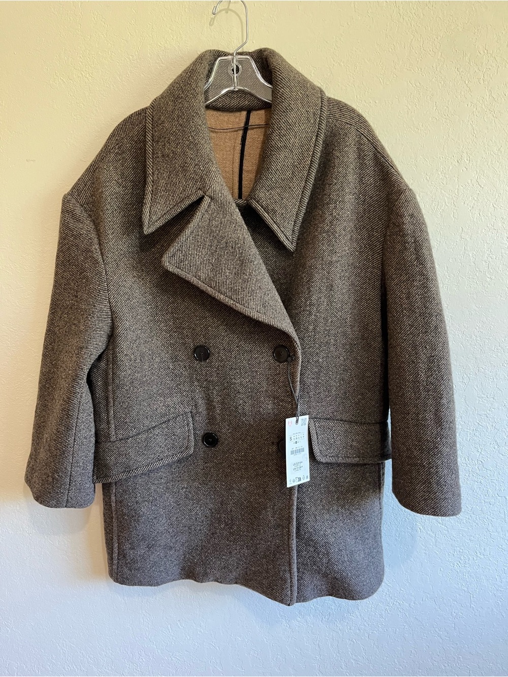 Zara Women’s Brown Wool-Blend Double-Breasted Coat S Oversized